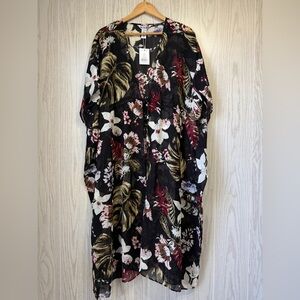 Walter Baker Tulum Caftan O/S NWT Tropical Print Black Sheer Cover-Up